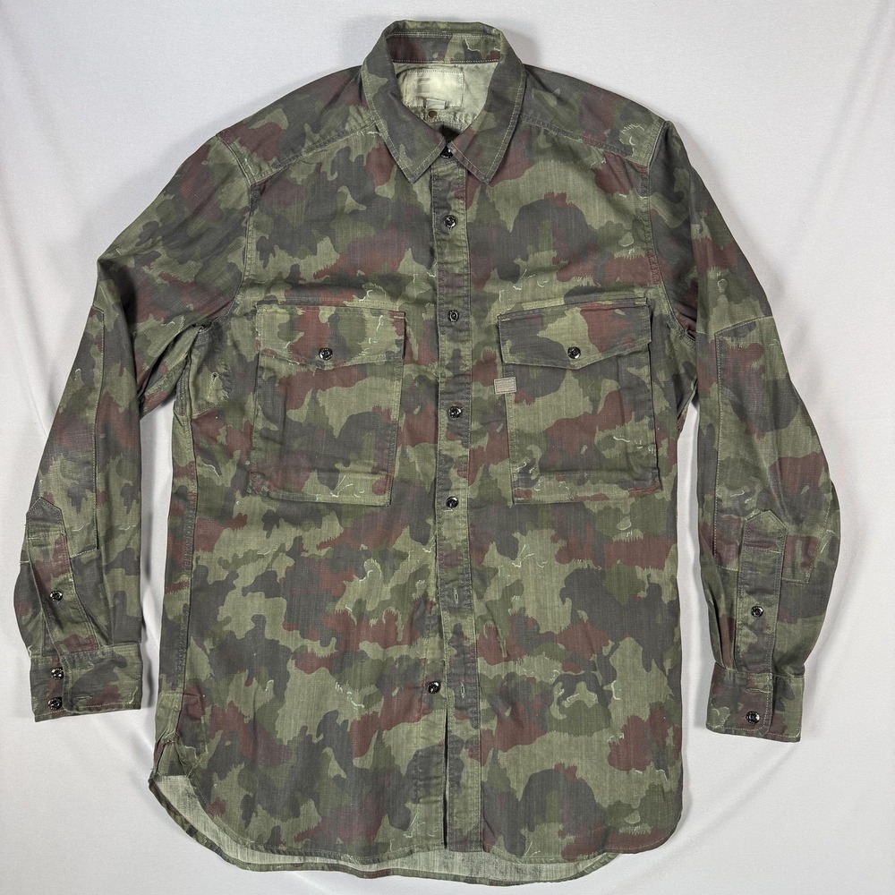 G-Star RAW Shirt Mens Large Green Camo Button Up Long Sleeve Military Casual